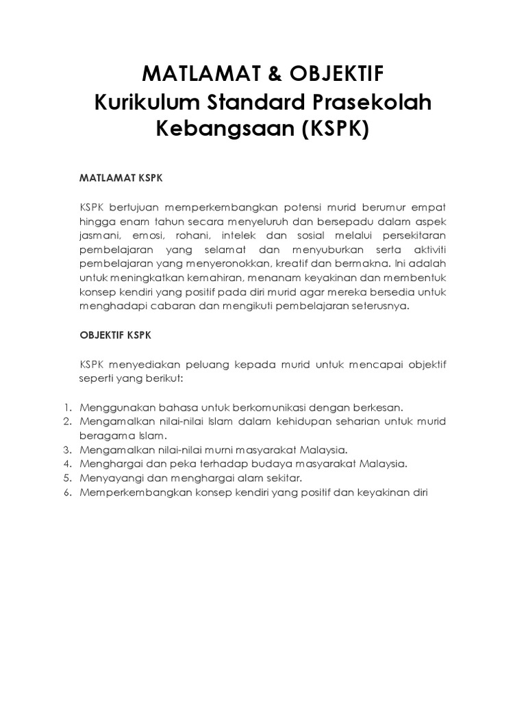 Matlamat dan Objektif KSPK Prasekolah | PDF