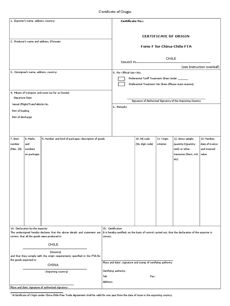 Certificate of Origin Form F For China-Chile FTA | PDF | Trade | Economies