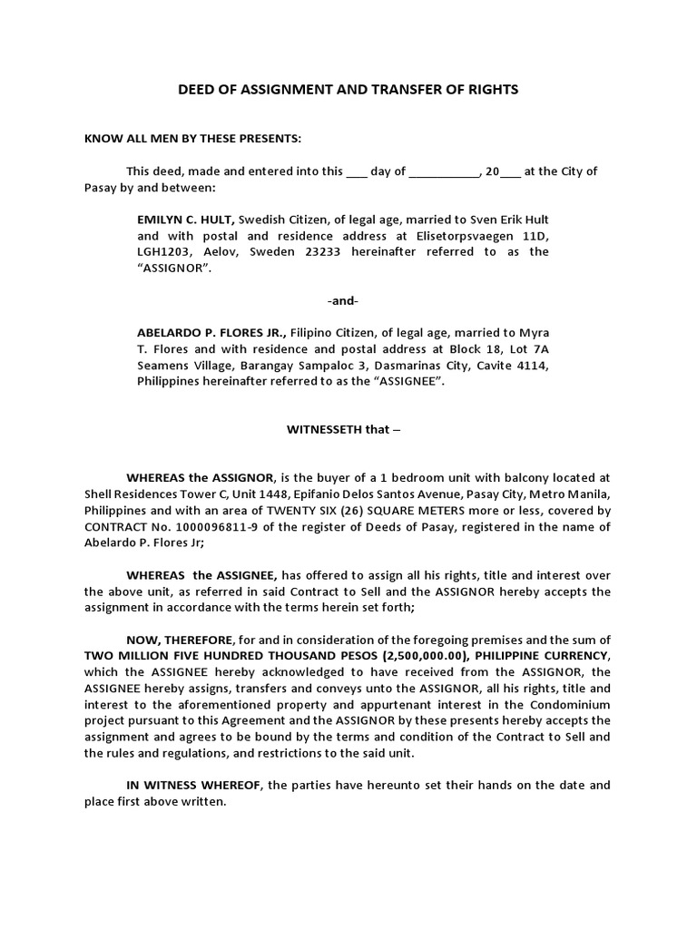 deed of assignment tagalog