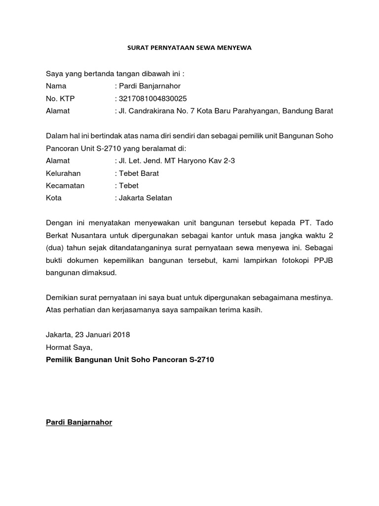 Surat Pernyataan Sewa Menyewa