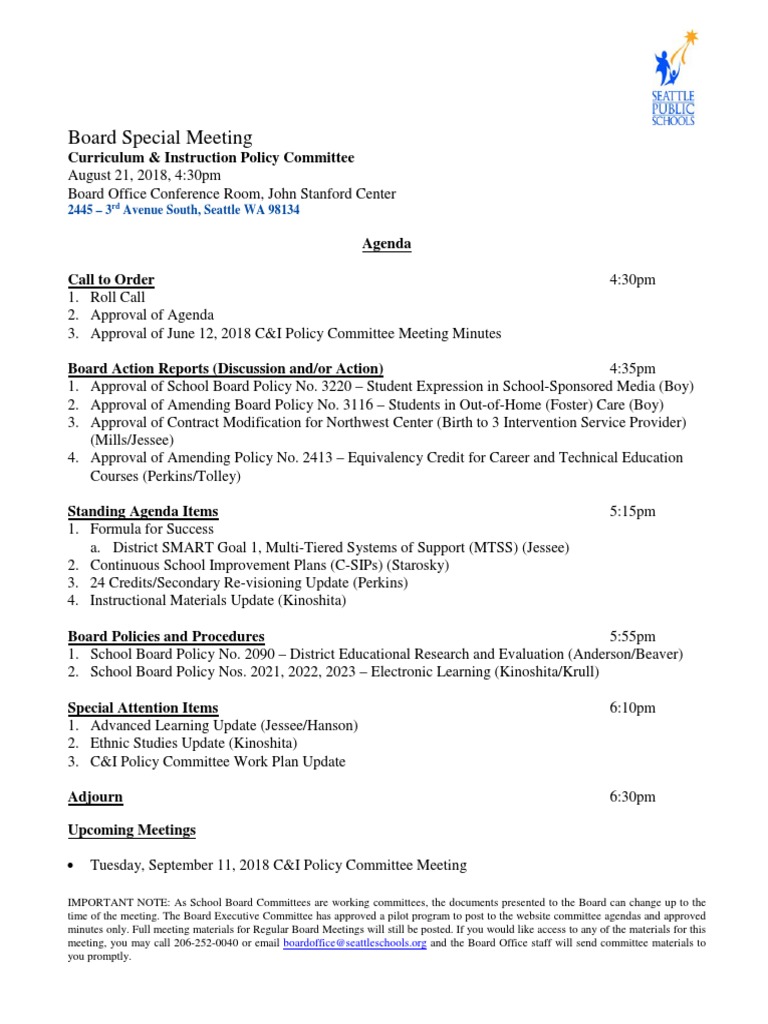 Seattle School Board Curriculum Policy Committee Meeting Packet August 21 2018 Child Protective Services Policy