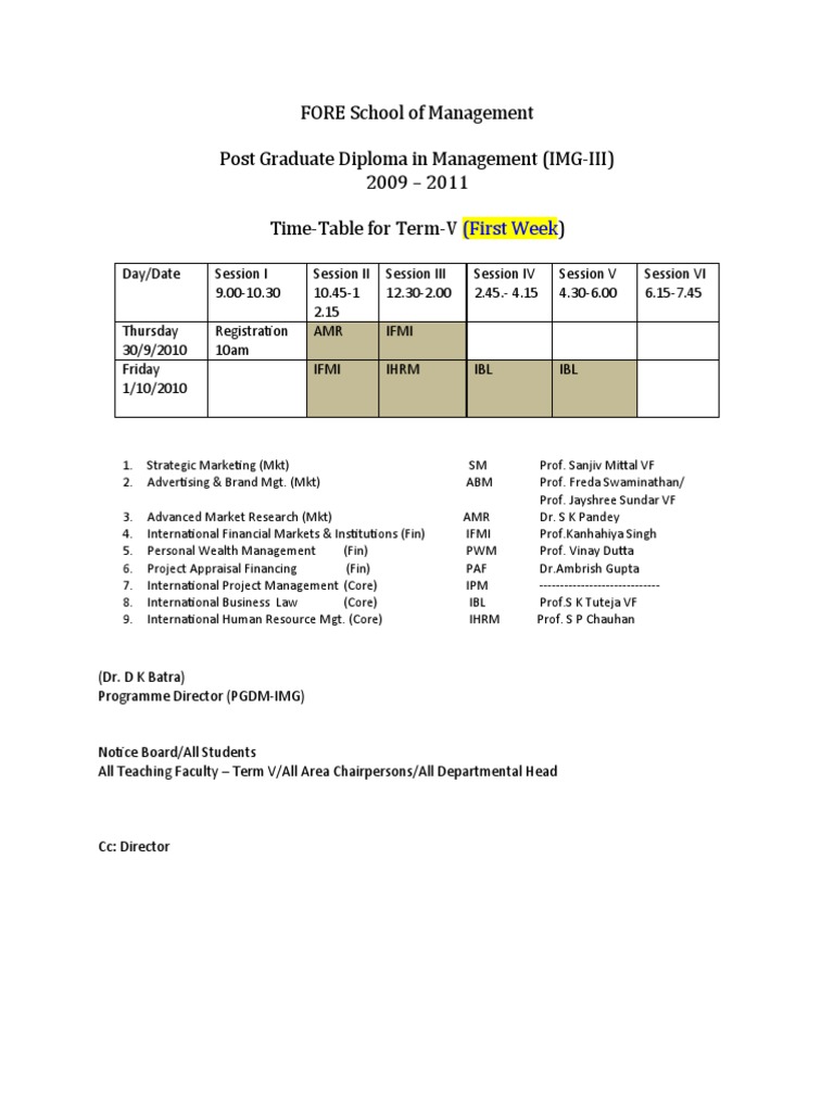 PGDM Term-V Timetable 2010-2011 | PDF