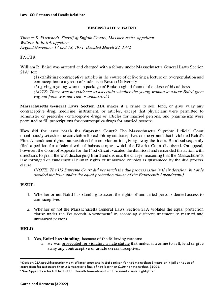 Eisenstadt V Baird Case Digest | PDF | Eisenstadt V. Baird | Justice