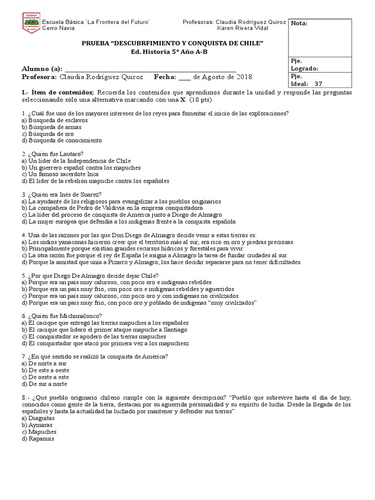 5° Básico Prueba DESCUBRIMIENTO Y CONQUISTA DE CHILE Imperio