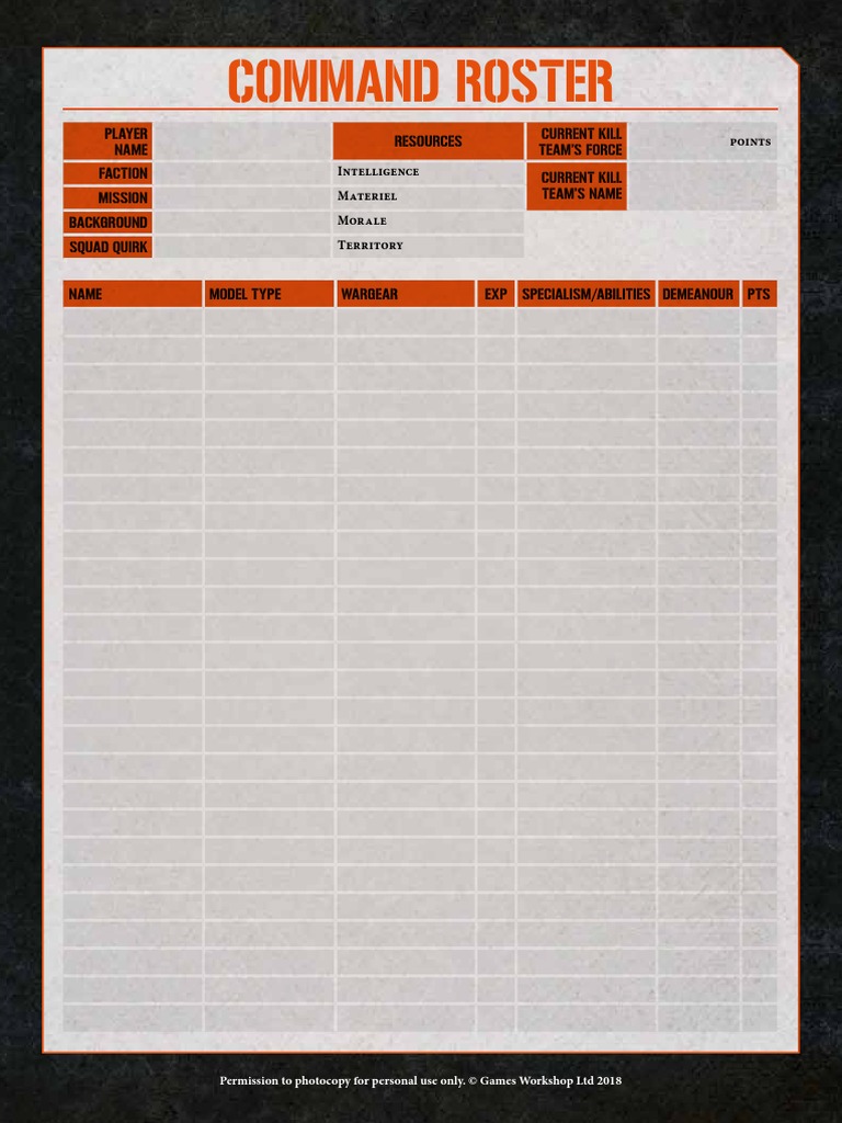 Form Fillable Combat Roster Kill Team - Printable Forms Free Online
