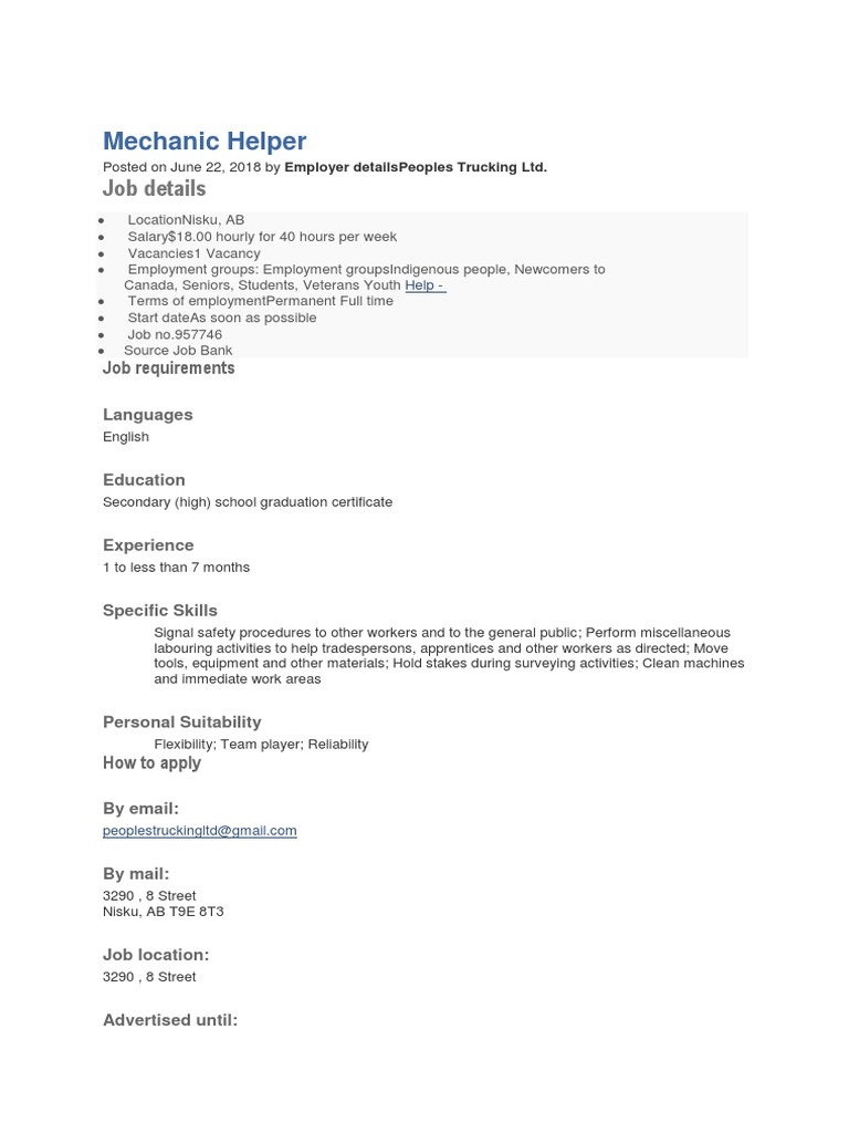 Mechanic Helper Job Details PDF