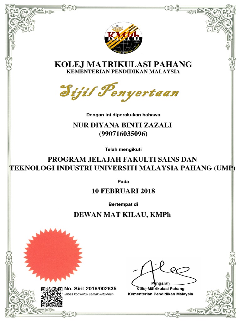 Kolej Matrikulasi Pahang: Nur Diyana Binti Zazali (990716035096)  PDF