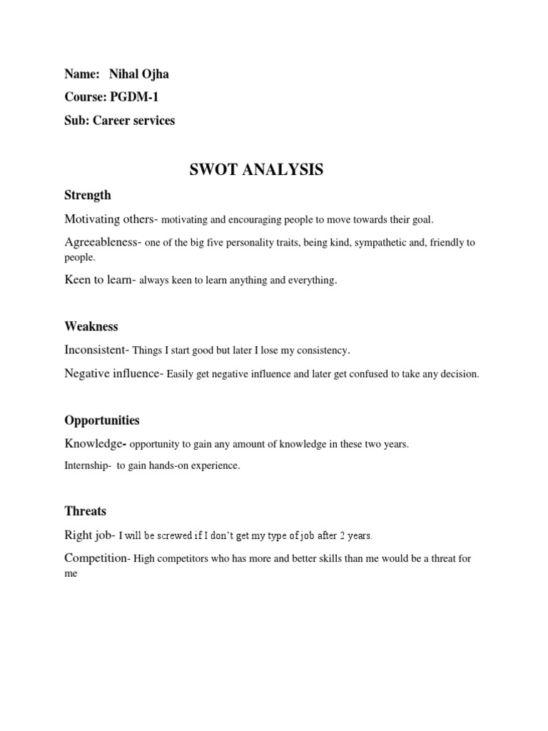 Swot Analysis: Name: Nihal Ojha Course: PGDM-1 Sub: Career Services ...