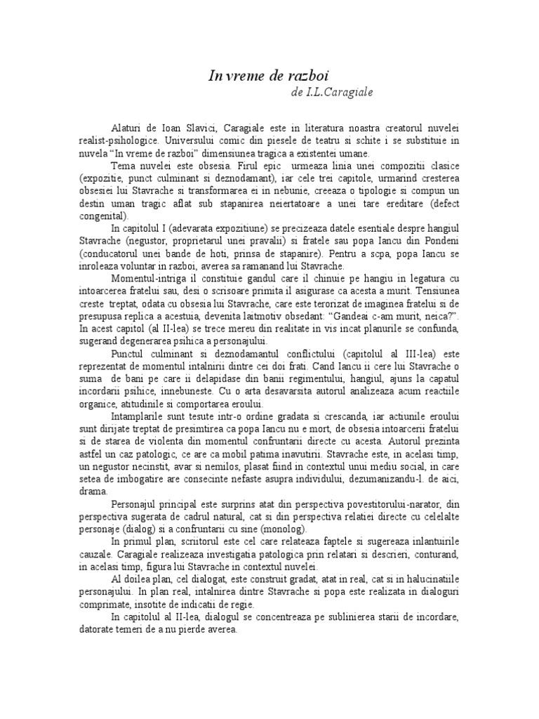 Ion Luca Caragiale In Vreme De Razboi Rezumat
