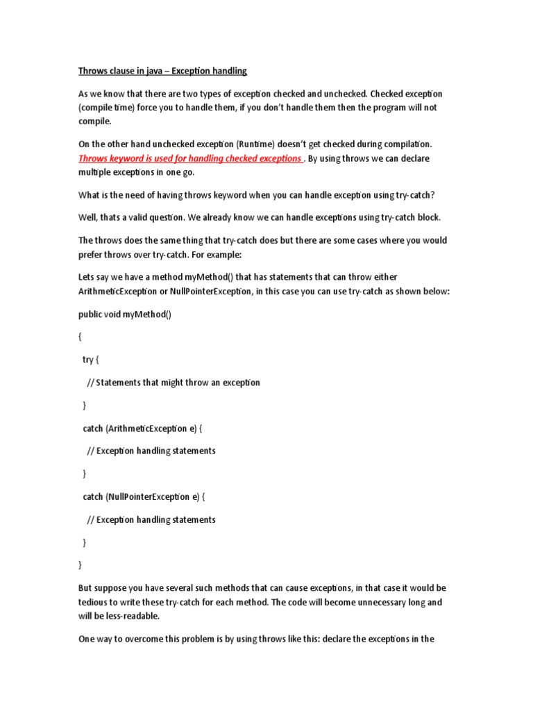 Throws Clause in Java Exception Handling Throws Keyword Is Used For