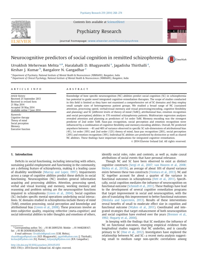 Neurocognitive Predictors in Schizophrenia | PDF | Theory Of Mind ...