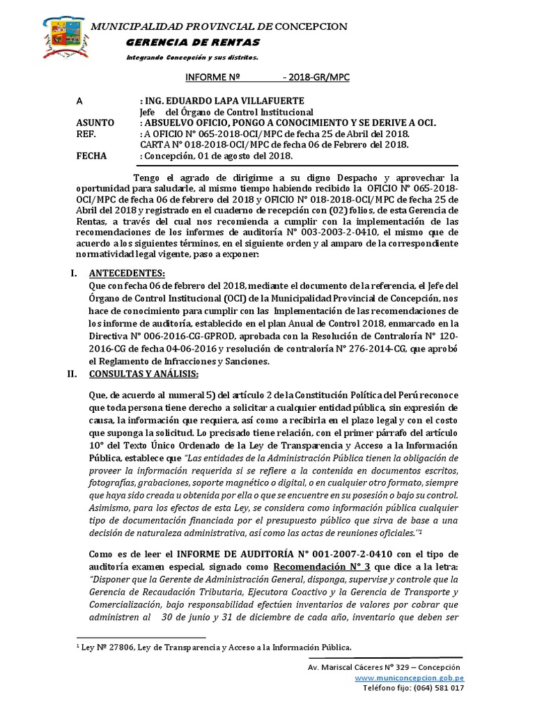 Informe A Órgano de Control Interno | PDF | Información | Auditoría
