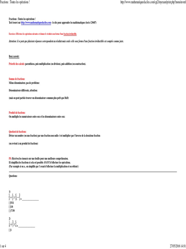 Addition Et Soustraction De Fraction 4ème Exercices Corrigés Pdf Fractions - Toutes Les Opérations ! | PDF | Fraction (Mathématiques) |  Mathématiques élémentaires