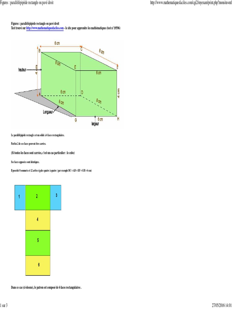 Surface D Un Parallélépipède Rectangle Formule Figures - Parallélépipède Rectangle Ou Pavé Droit | PDF | Le volume |  Géométrie convexe