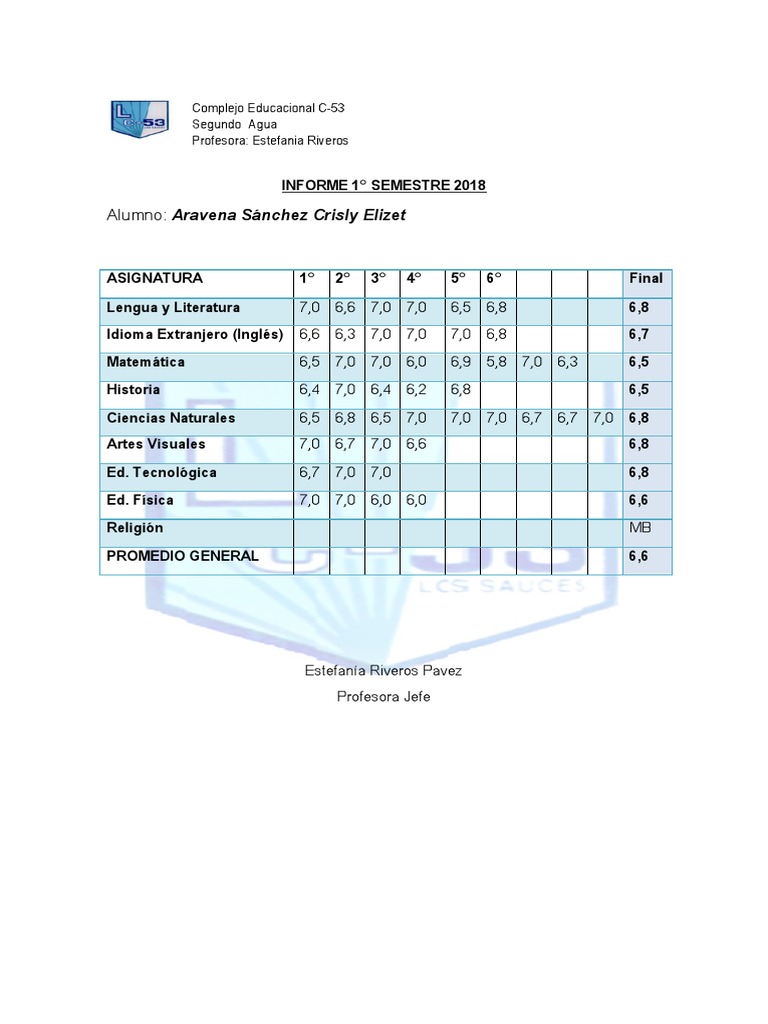 Informes De Notas Primer Semestre