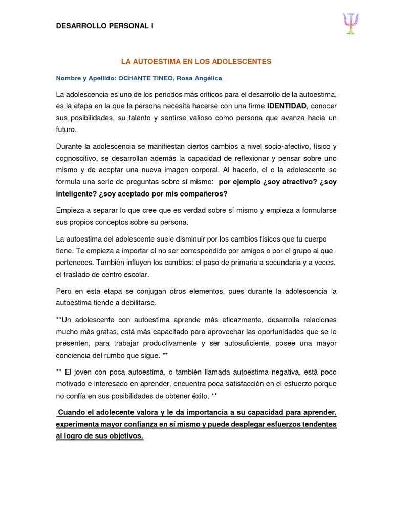 La Autoestima en Los Adolescentes | PDF | Vejez | Autoestima