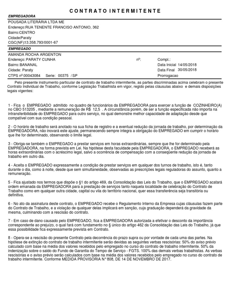 Modelo de Contrato de Trabalho Intermitente | PDF | Estatuto | Justiça