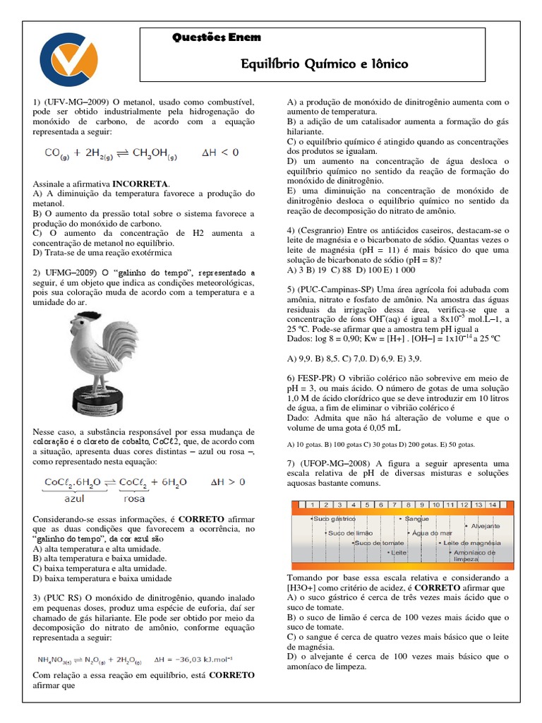 Questões sobre Equilíbrio Químico ENEM | PDF | Equilíbrio químico ...