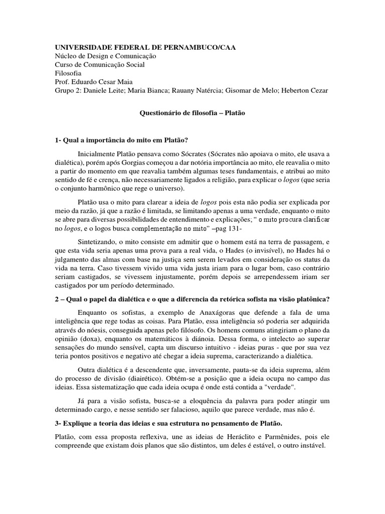 Questões Sobre Platão | PDF | Platão | Ideia