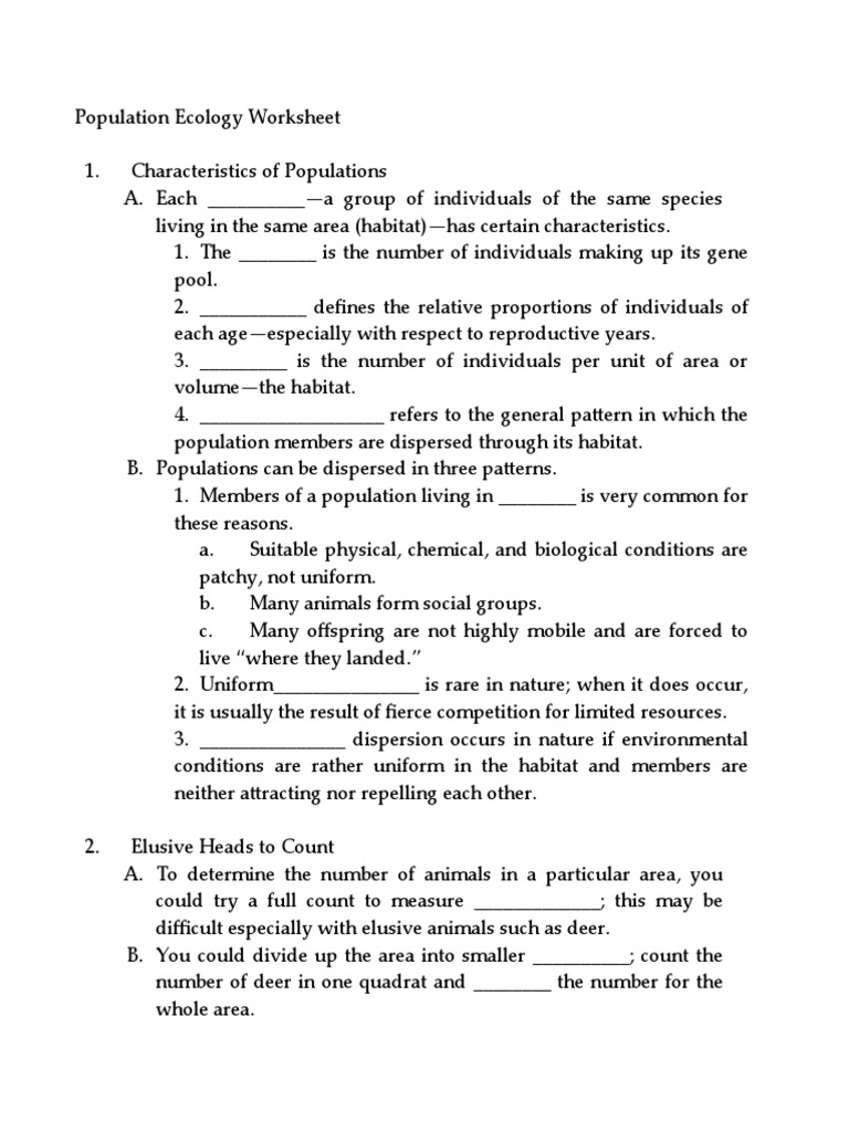 Population Ecology Worksheet