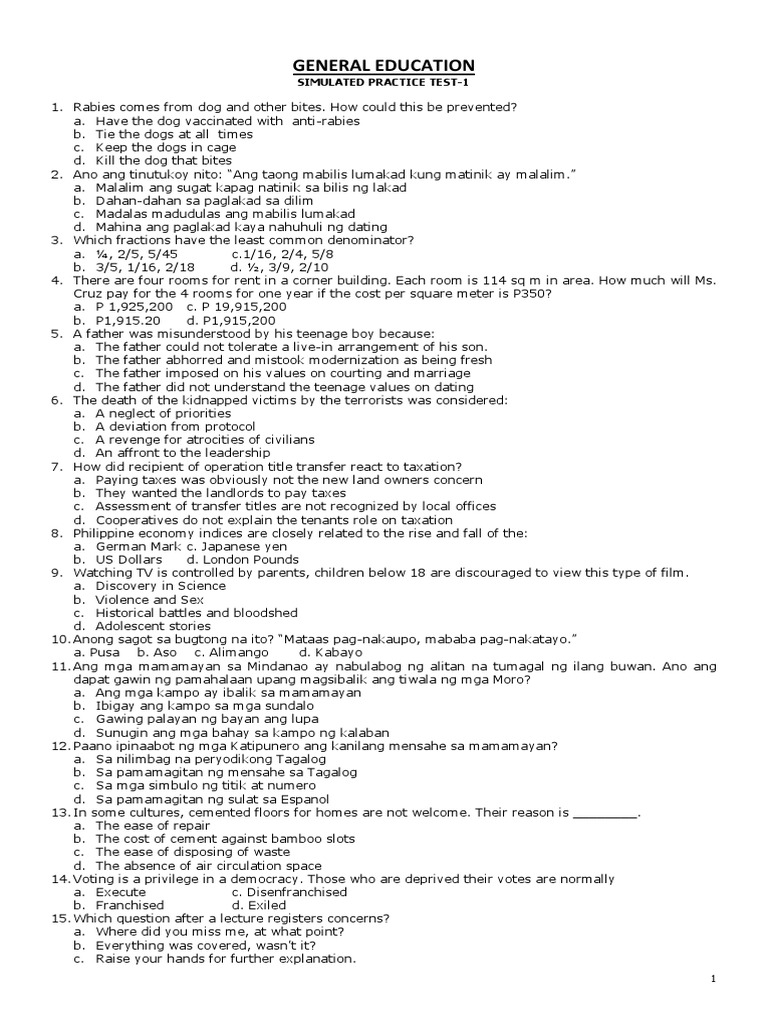 General Education Practice Test 1 | PDF | Tuberculosis | Tagalog Language