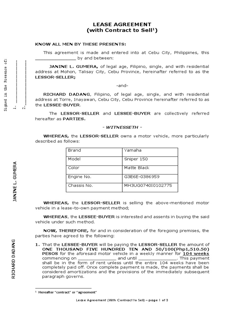 LEASE AGREEMENT (With Contract to Sell) Lease Social Institutions