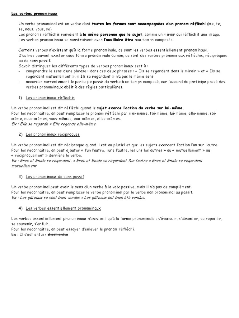 Types de verbes pronominaux expliqués | PDF | Philosophie | Arts du ...