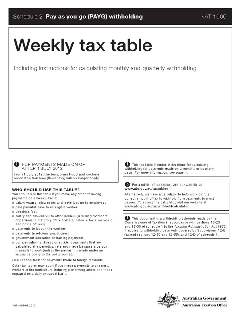Weekly Tax Table Pay As You Go (PAYG) Withholding PDF Withholding