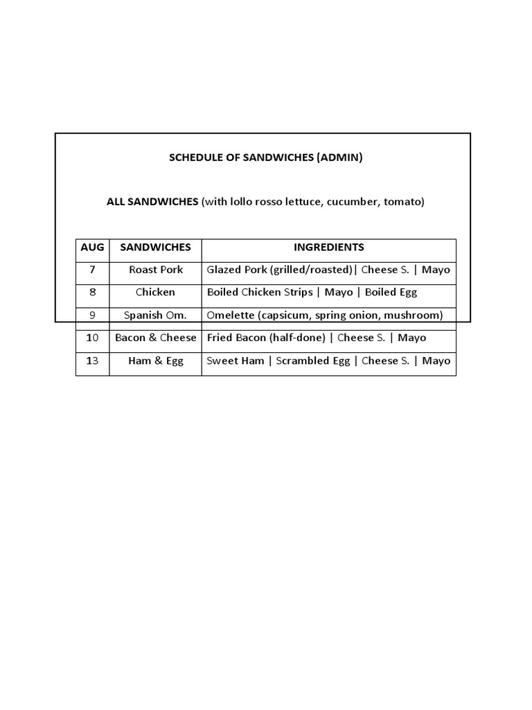 Schedule of Sandwiches (Admin) | PDF | Cooking, Food & Wine