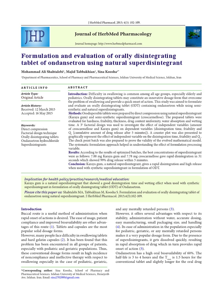 Jhp 4 102formulation And Evaluation Of Orally Disintegrating Tablet Of Ondansetron Using Natural Superdisintegrant Tablet Pharmacy Pharmaceutical Formulation