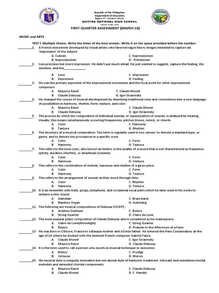 Mapeh 10 Summative Test Impressionism Claude Debussy
