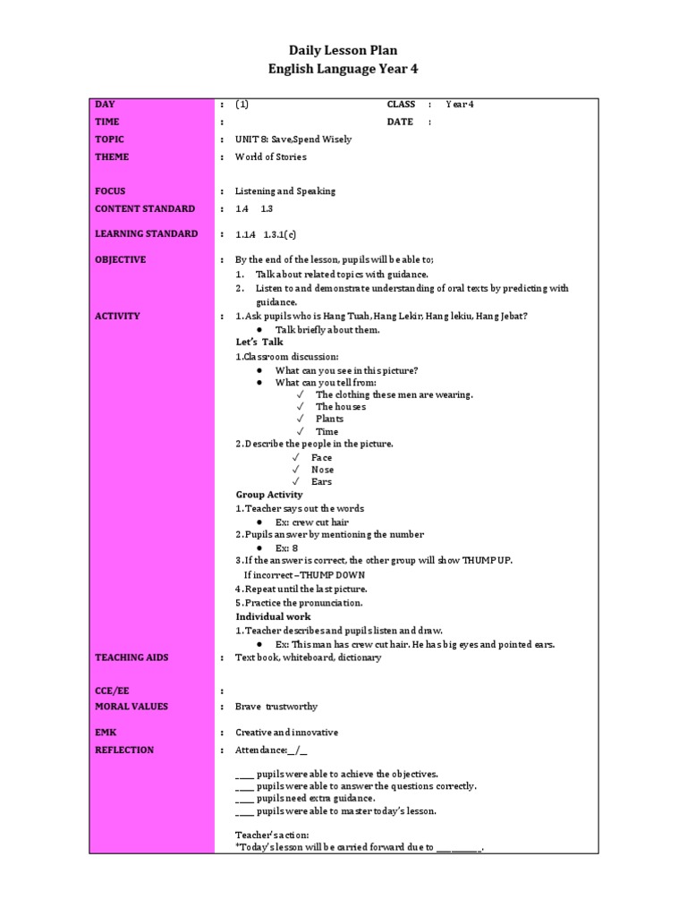 Daily Lesson Plan English Language Year 4 | PDF | Lesson Plan | Human ...
