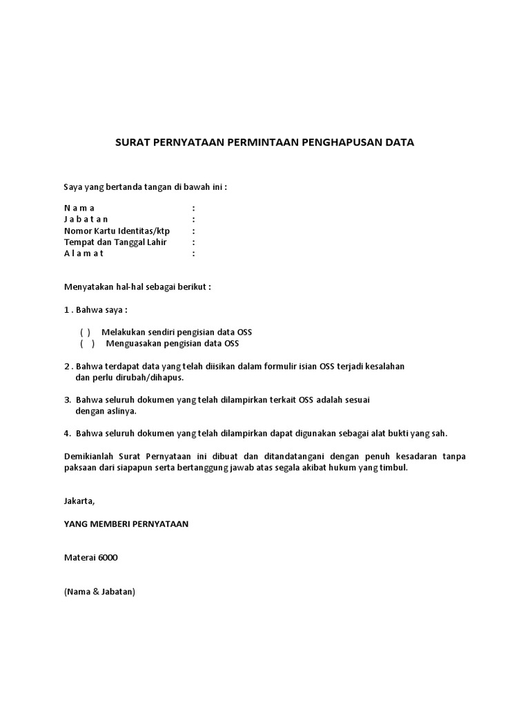 Surat Pernyataan Permintaan Penghapusan Data 1