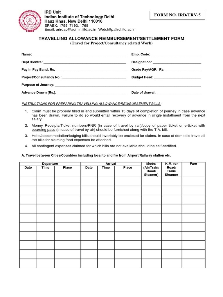 Form No. Ird/Trv-5: IRD Unit Indian Institute of Technology Delhi Hauz ...