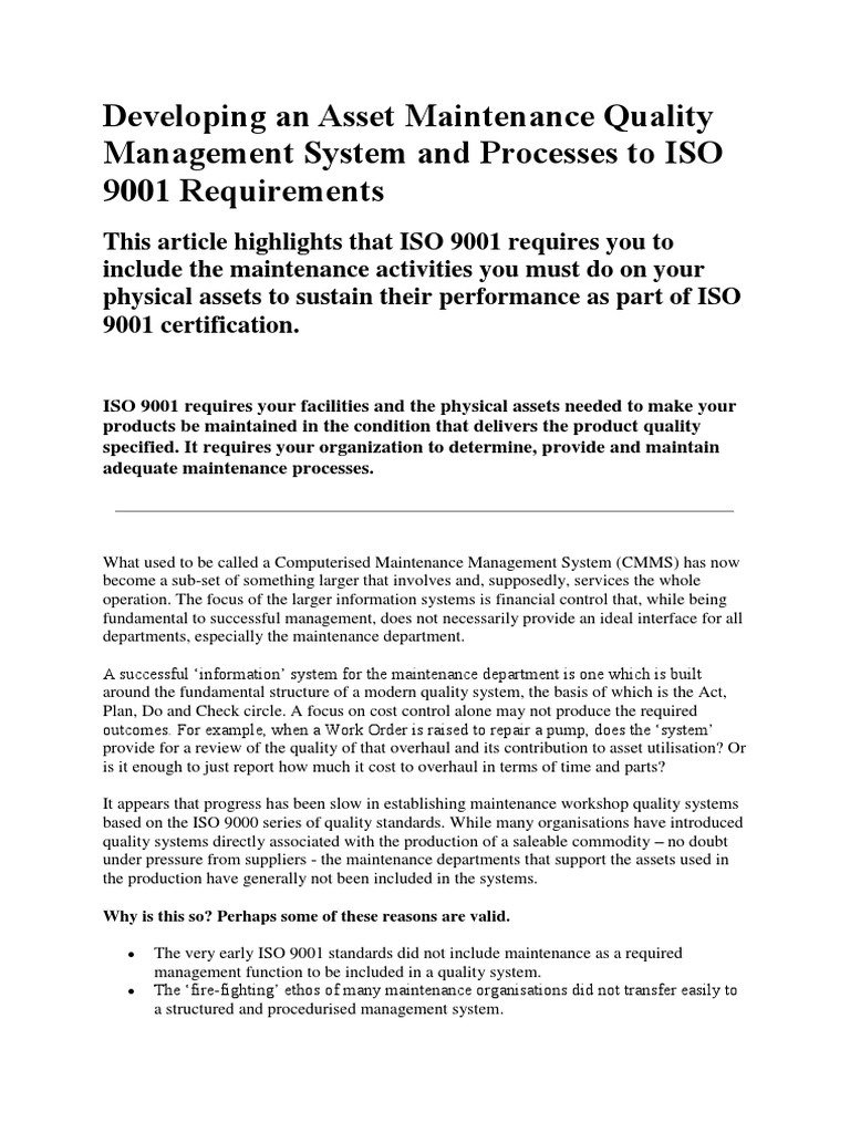 ISO 9001 Asset Maintenance Management | PDF | Iso 9000 | Quality ...