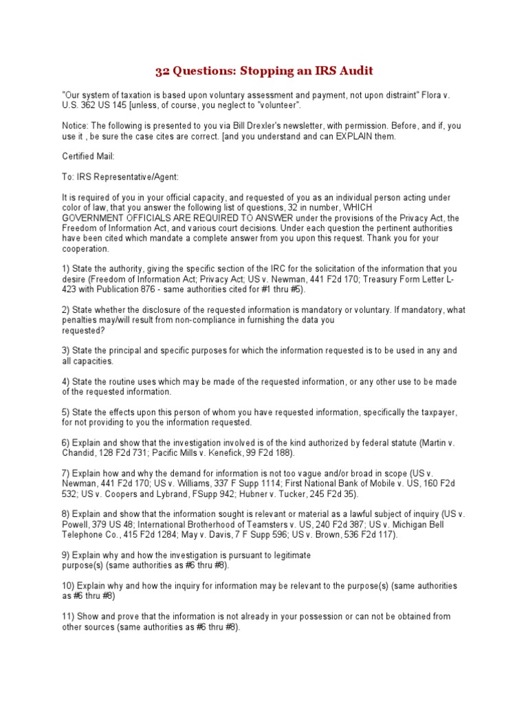 32 Questions to Challenge IRS Audits | PDF | Citizenship | Internal ...