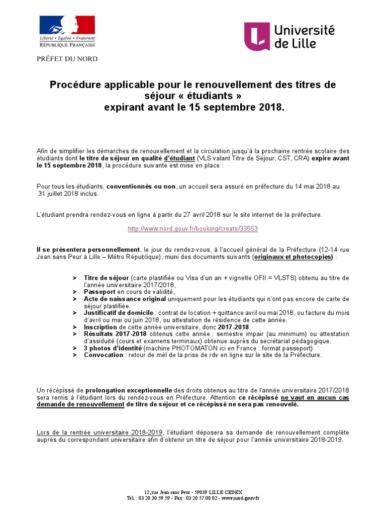 Renouvellement Titre De Séjour Prefecture Nord Pdf 2018 Procédure Renouvellement Recepisse ULille | PDF