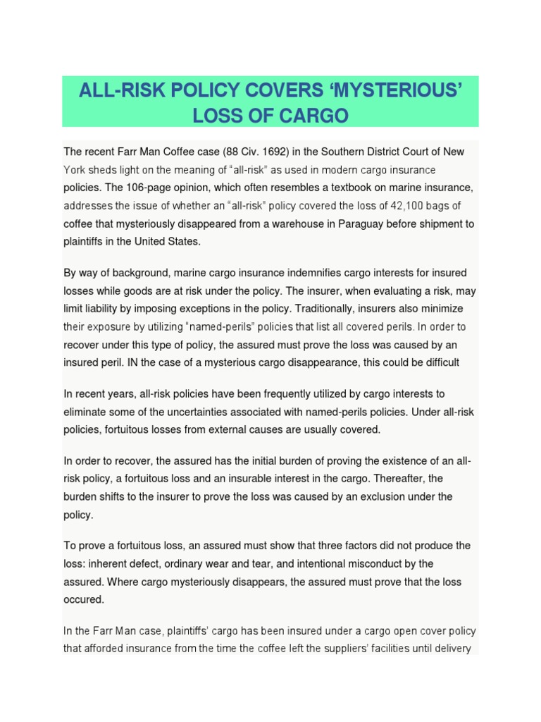 All-Risk Policy Covers Mysterious' Loss of Cargo | PDF | Cargo | Insurance