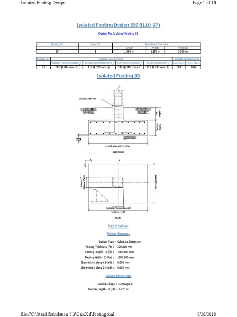 Isolated Footing Design (BS 811097) Footing No. Group ID Foundation Geometry Length Width