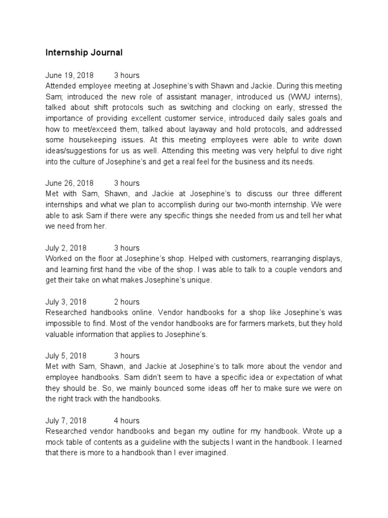 Internship Daily Journal PDF Retail Employment