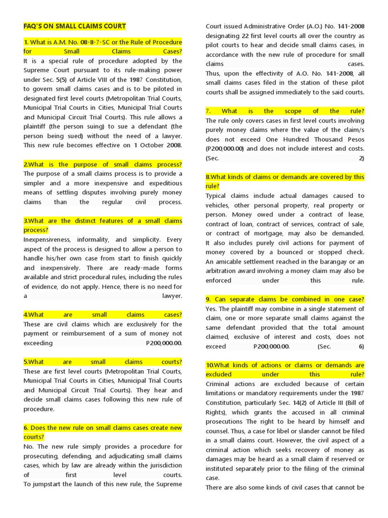 Faq On Small Claims Court PDF Lawsuit Cause Of Action
