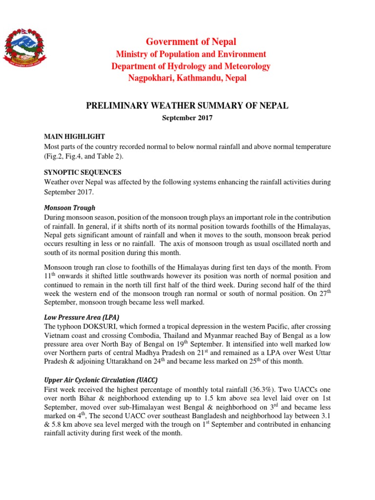 Nepal Weather Summary Sep 2017 | PDF | Monsoon | Rain