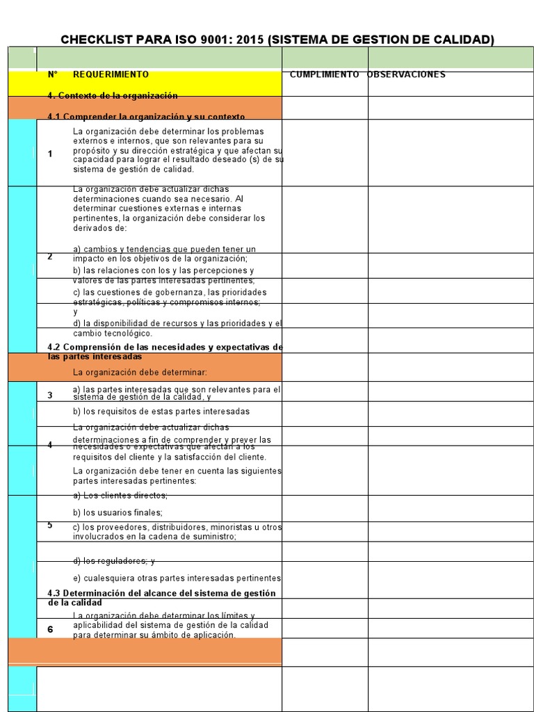 Checklist ISO 9001:2015 para Calidad | PDF | Gestión de la calidad ...
