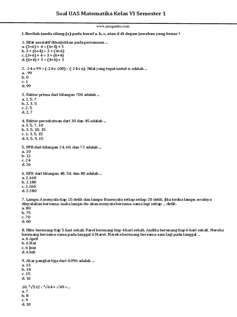 Soal Uas Matematika Kelas 6 Semester 1 Pdf