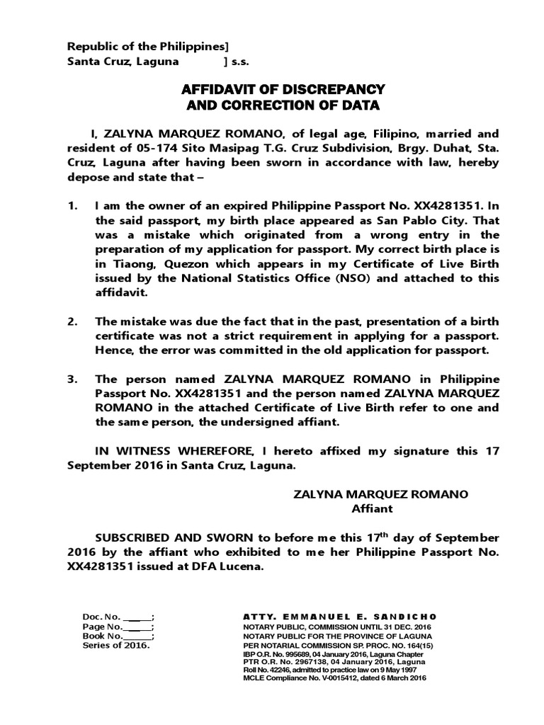 Affidavit of Discrepancy and Correction of Data Form-4