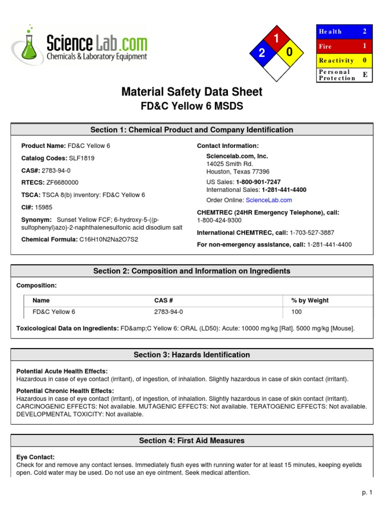 FD&C Yellow 6 MSDS Section 1 Chemical Product and Company Identification PDF Toxicity