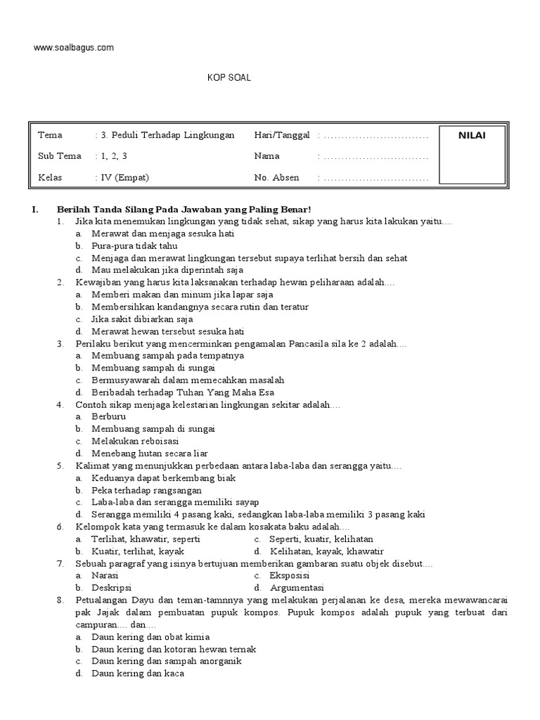 SOAL UTS TEMATIK KELAS 4 TEMA 3 SEMESTER 1 K 13 pdf SOAL UTS TEMATIK KELAS 4 TEMA 3 SEMESTER 1 K 13 pdf