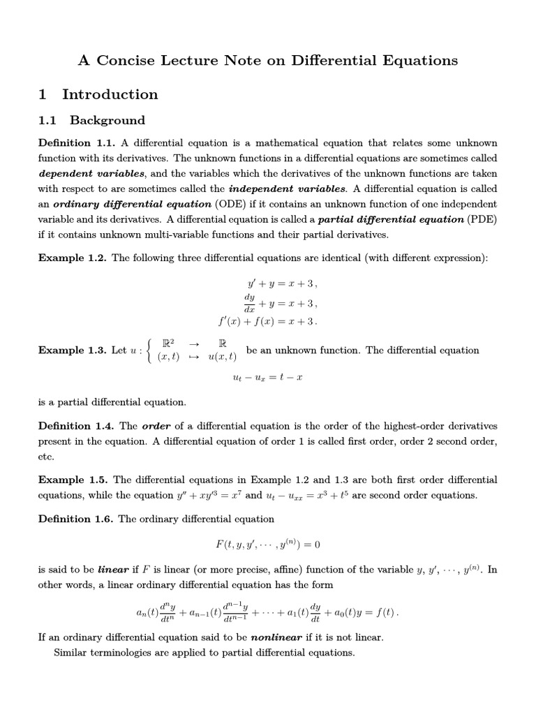 A Concise Lecture Note on Differential Equations Ordinary Differential Equation Equations