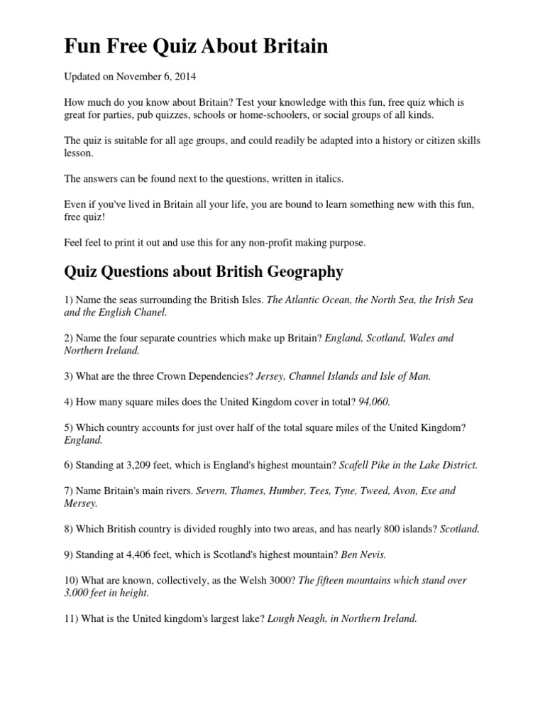 Fun Free Quiz About Britain | PDF | United Kingdom | British Isles