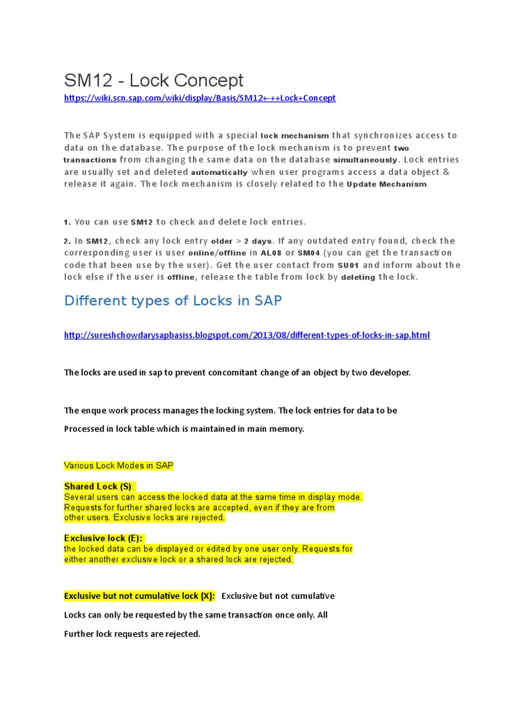 SM12 Lock Concept PDF Database Transaction Operating System Technology